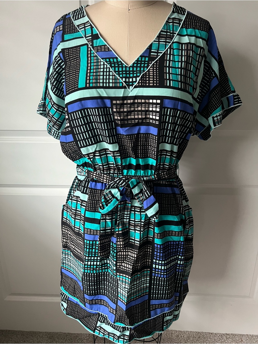 Banana Republic Black Dress with Teal & Blue Geometric Stripes